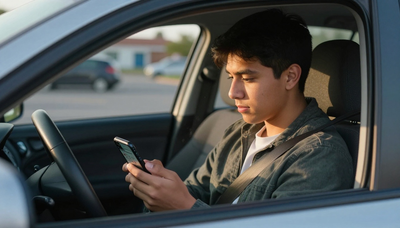 Student driver reviewing digital flipbook manual on phone before a driving lesson, parked car in sunny lot