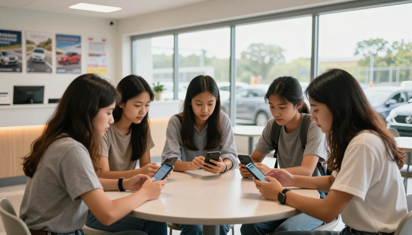 Three teenage students reviewing digital driving content together on tablets in a driving school waiting area