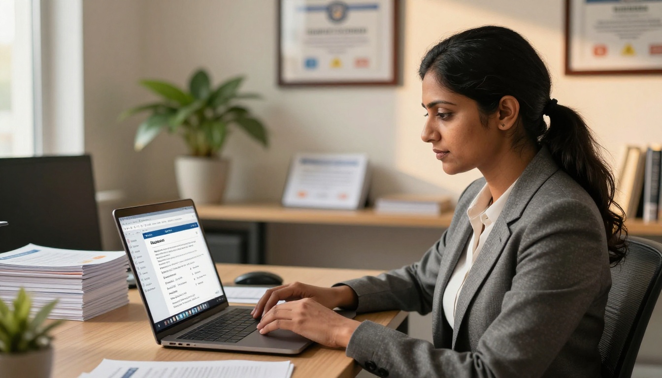 Driving school administrator uploading a PDF to a digital flipbook platform on a laptop in a professional office