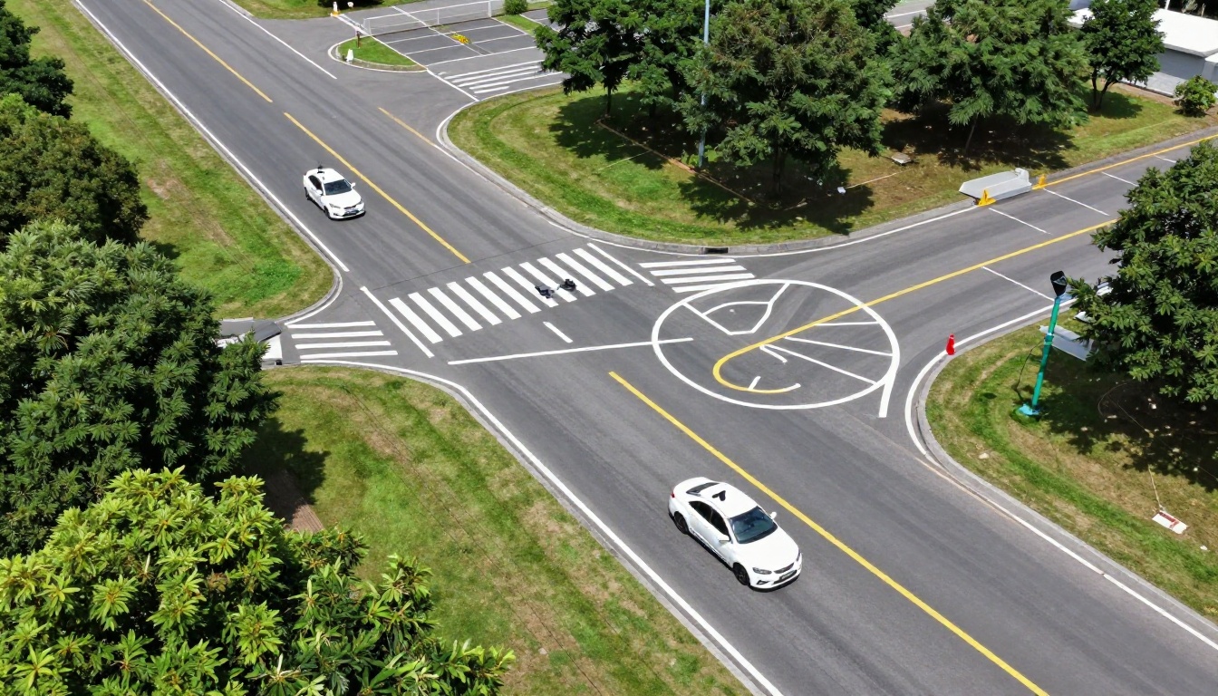 Aerial drone view of a well-marked driving school practice course with training cars on painted road markings