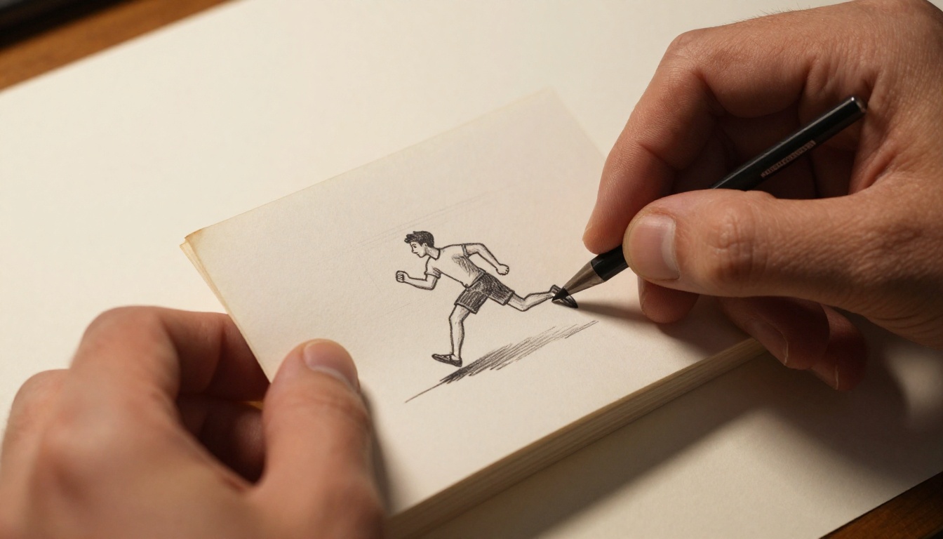 Close-up of hands flipping through a hand-drawn flipbook showing animation frames in motion with pencil lines visible on white cardstock