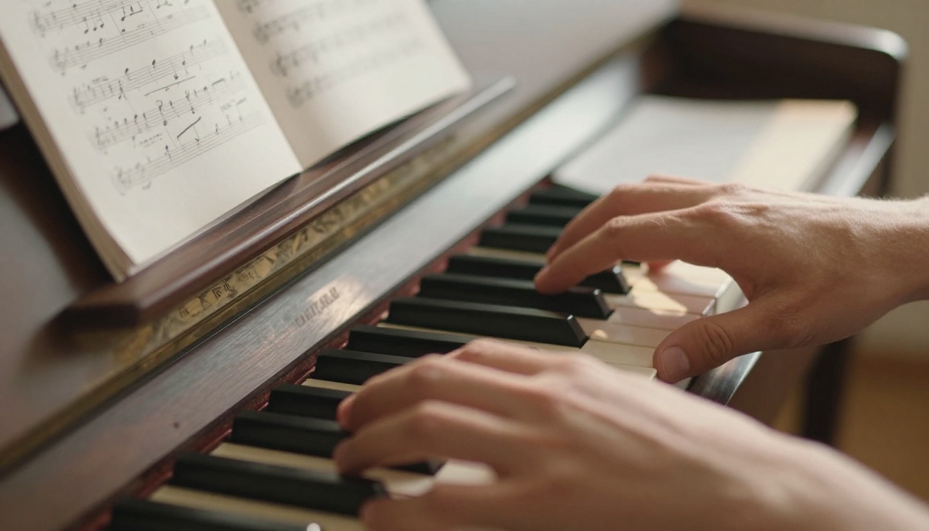 Close-up of piano keys with open sheet music on the stand above