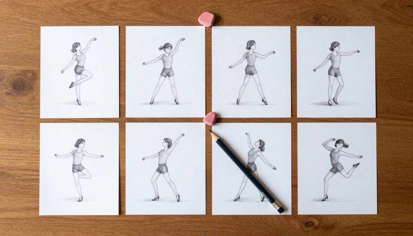 Aerial top-down view of sequential animation frames arranged in a grid on a wooden table showing progressive animation stages