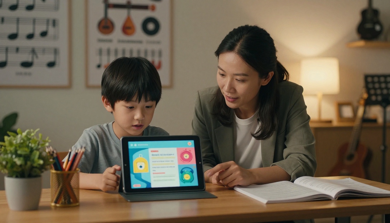 A teacher and student reviewing a digital flipbook on a tablet together