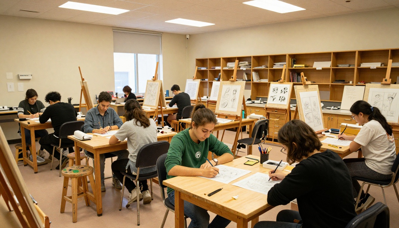 Art school studio classroom with students working on flipbook animation projects at wooden drafting tables