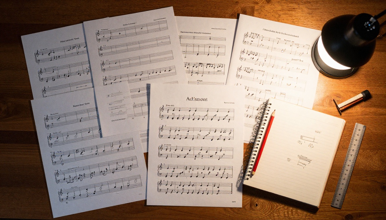 Overhead view of organized music lesson materials on a wooden desk