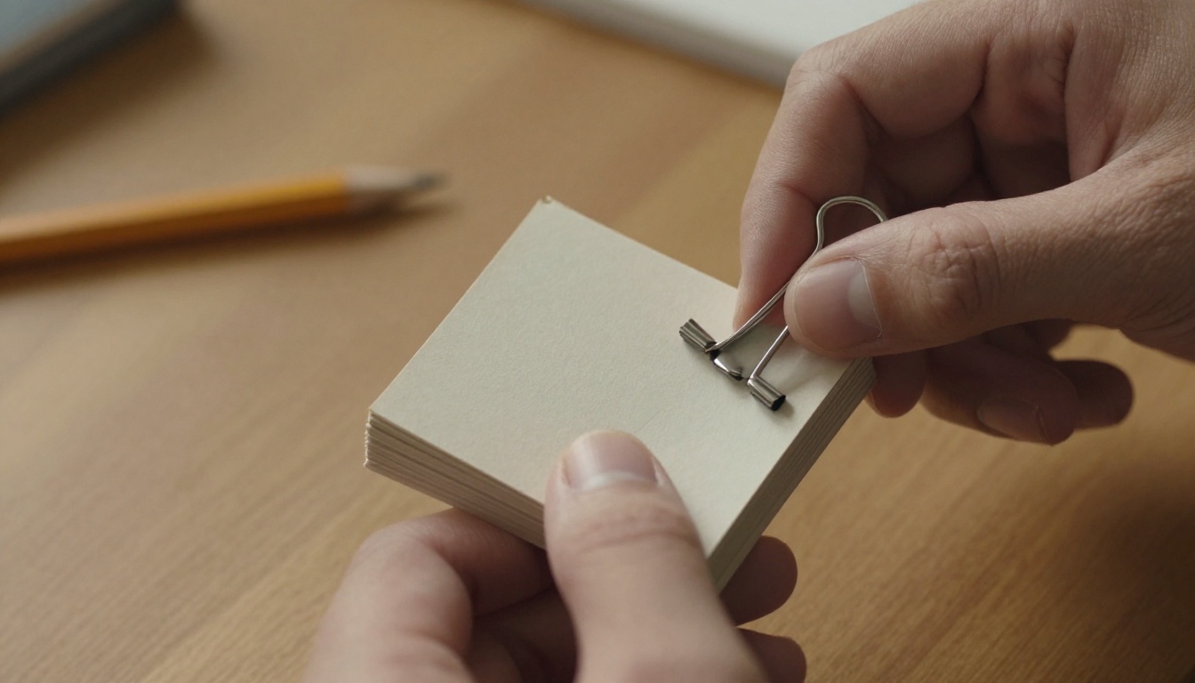 Art student's hands carefully binding index cards with a metal binder clip to assemble a completed flipbook