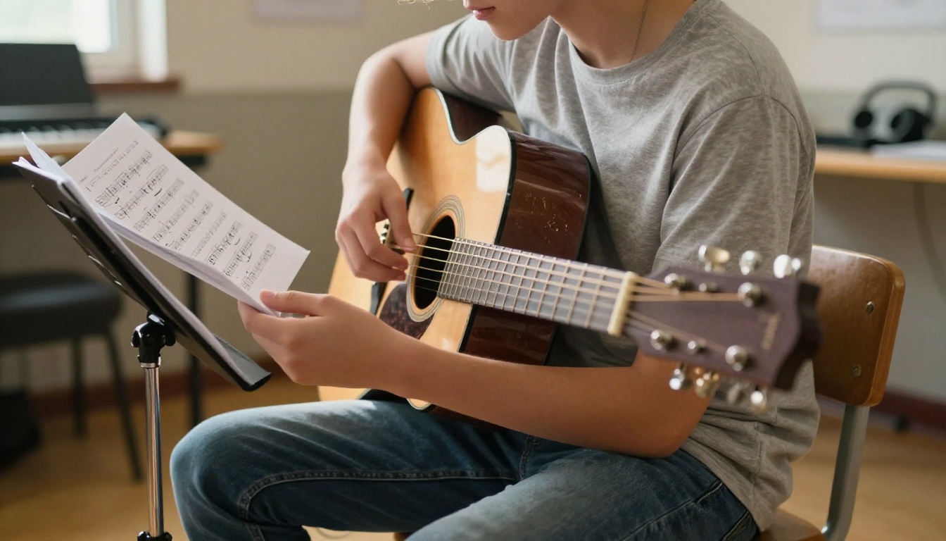 A teenager practicing acoustic guitar while reading from a music stand