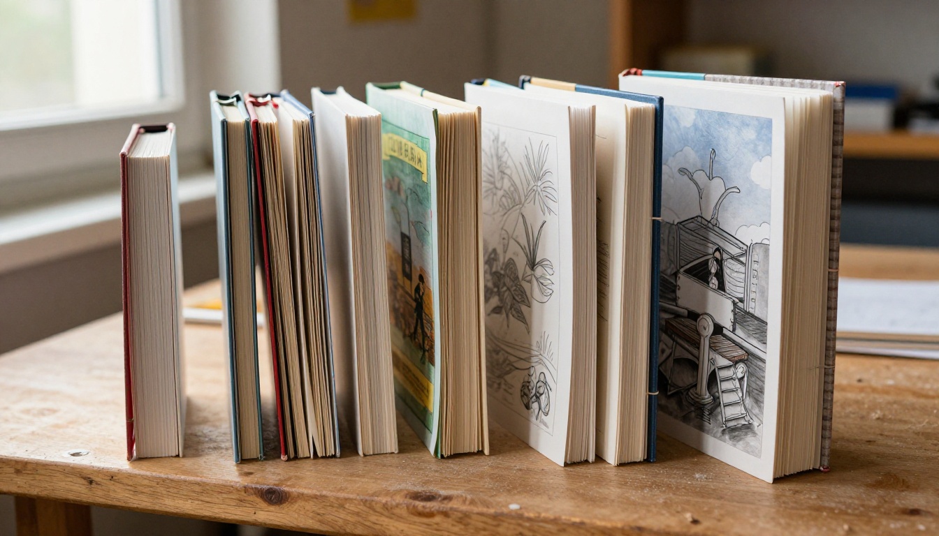 Row of completed student flipbooks standing upright on a wooden studio shelf showing variety of handmade covers