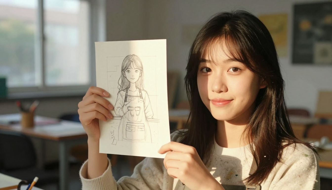 Young woman art student holding up a completed hand-drawn flipbook with satisfaction in a natural light studio setting Young woman art student holding up a completed hand-drawn flipbook with satisfaction in a natural light studio setting