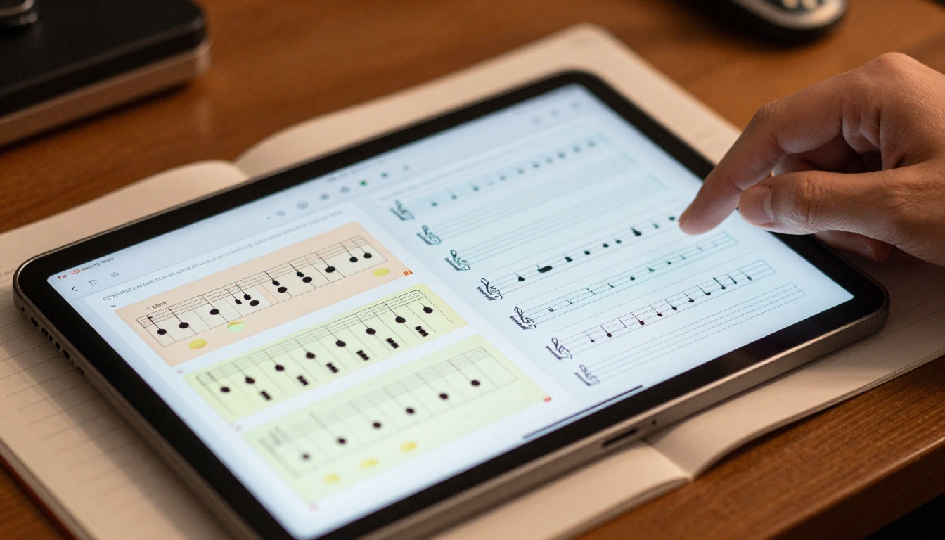 A tablet screen displaying a colorful interactive digital flipbook with chord diagrams and scales