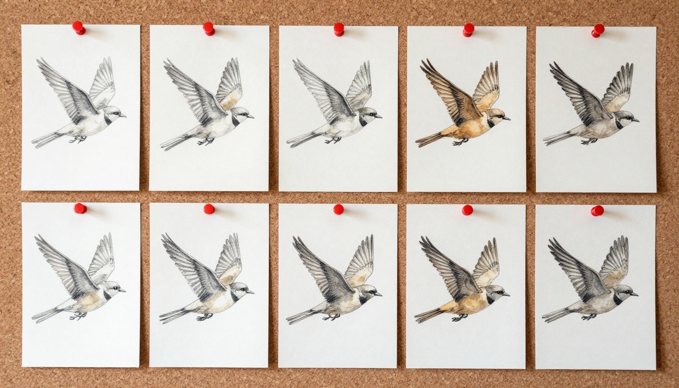 Sequential animation frames of a bird in flight pinned to a cork board showing progressive wing positions across seven index cards Sequential animation frames of a bird in flight pinned to a cork board showing progressive wing positions across seven index cards