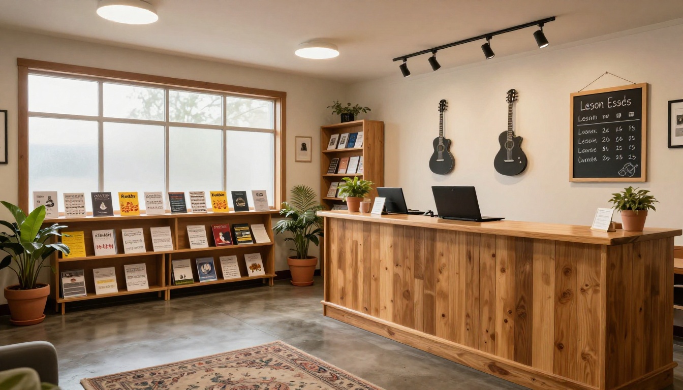 Music school lobby reception area with a chalkboard lesson schedule