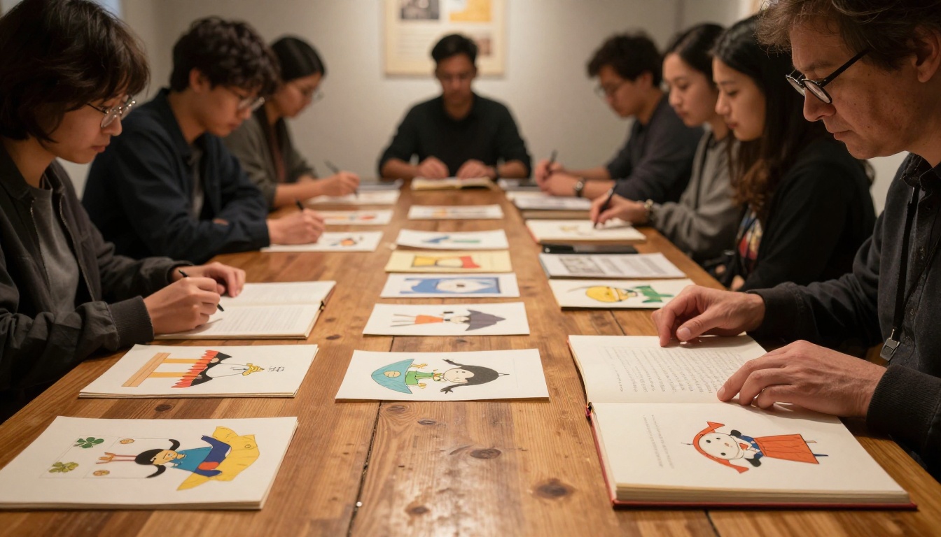 Art professor reviewing multiple student flipbook submissions spread across a wooden critique table in a classroom setting Art professor reviewing multiple student flipbook submissions spread across a wooden critique table in a classroom setting