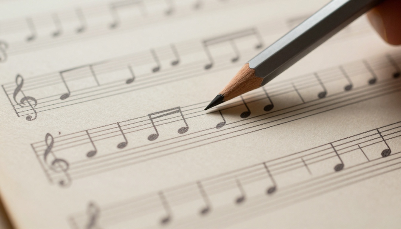 Close-up of handwritten musical notation with pencil annotations on manuscript paper