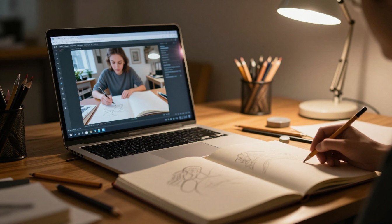 Art student using a laptop to view a digital flipbook platform while surrounded by open sketchbooks and art supplies on a warm studio desk Art student using a laptop to view a digital flipbook platform while surrounded by open sketchbooks and art supplies on a warm studio desk