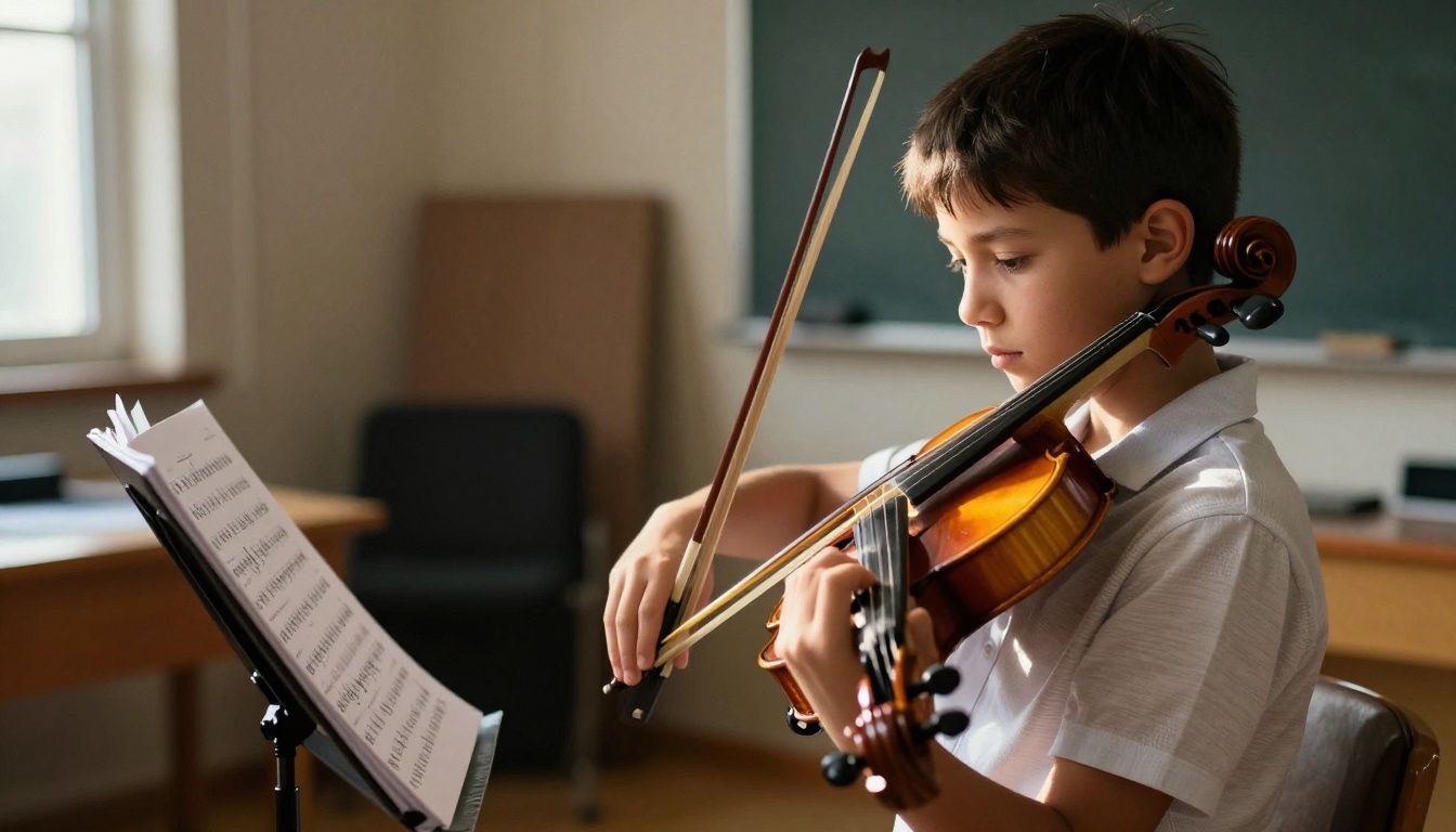 A violin student practicing in a sunlit practice room reading from a music stand