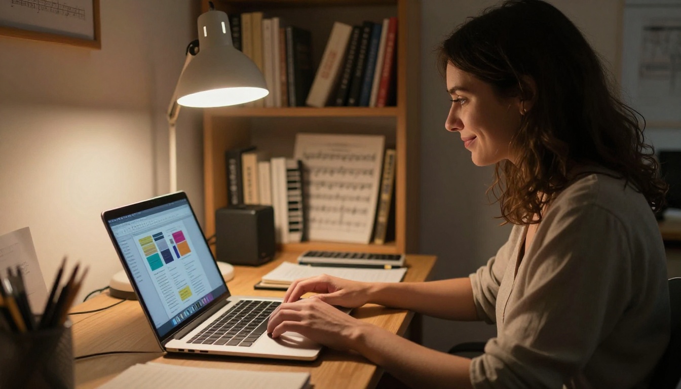 A music teacher organizing digital lesson materials on a laptop at her desk at dusk