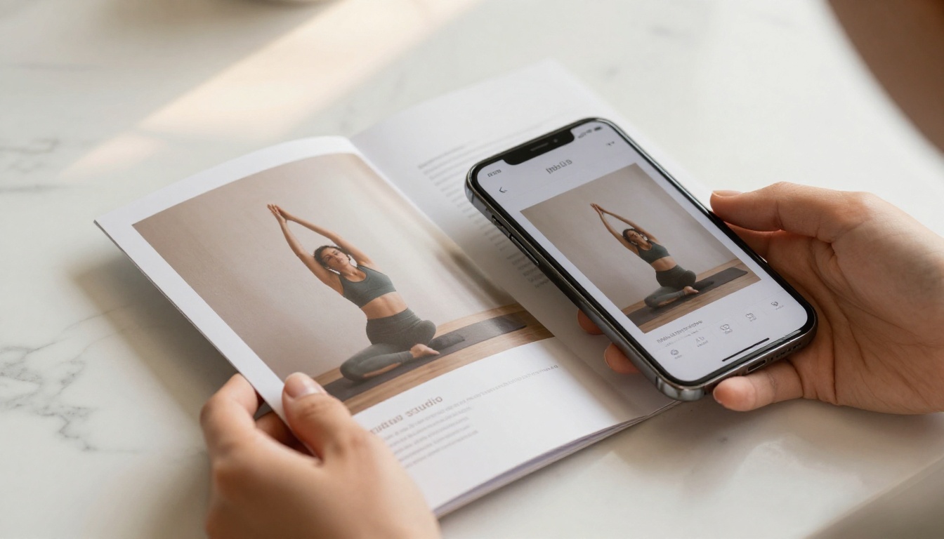 Hands holding a printed pilates brochure next to a phone showing the digital flipbook version