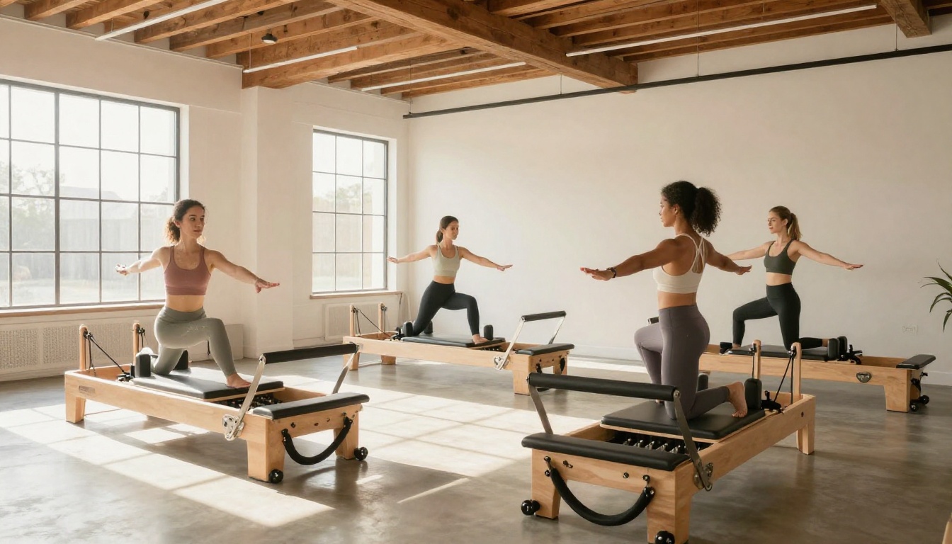 Group pilates class in session with diverse participants on reformer machines