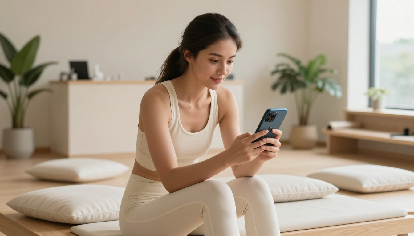 A client scrolling through a digital pilates flipbook on her smartphone in the studio waiting area