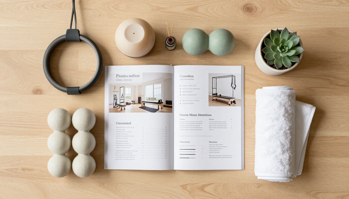 Overhead flat-lay of pilates equipment and an open brochure on a wooden surface