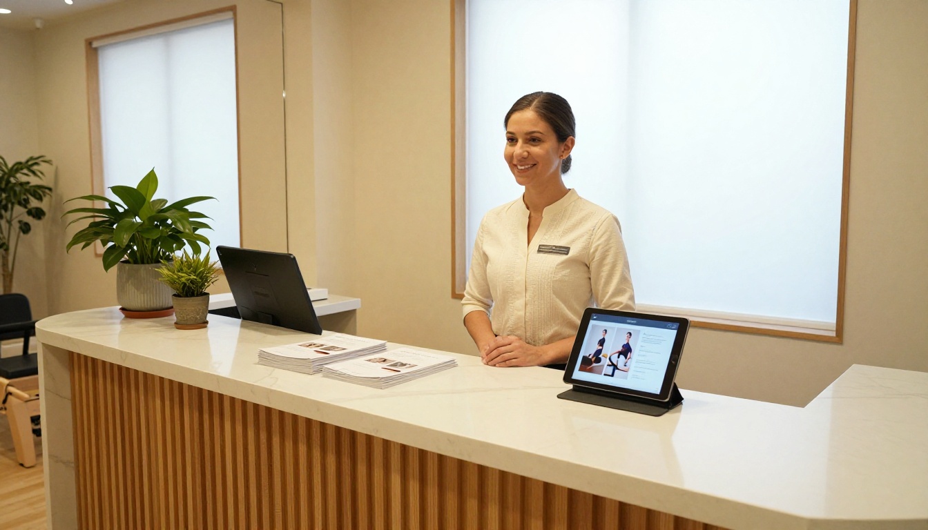 Pilates studio reception desk with iPad showing the digital flipbook alongside printed brochures