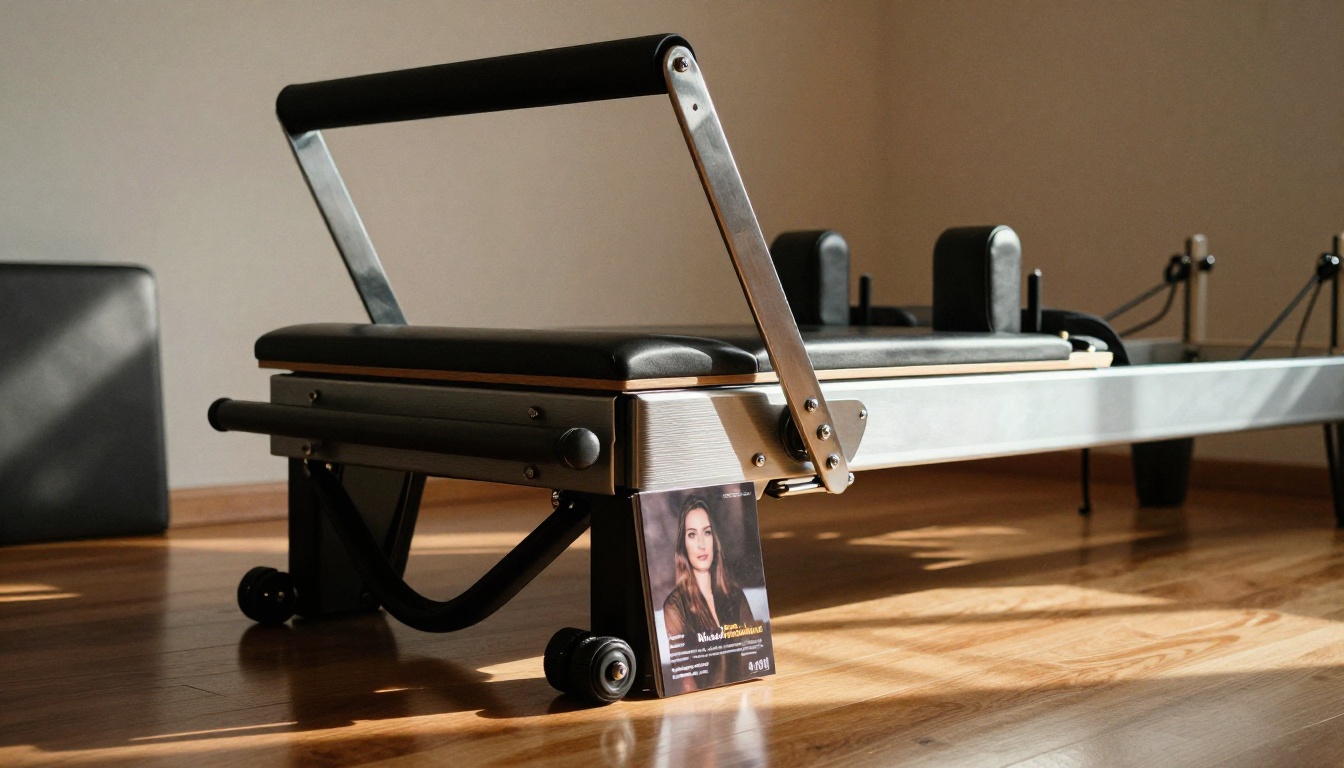 Low-angle close-up of a pilates reformer machine with a studio brochure propped against it