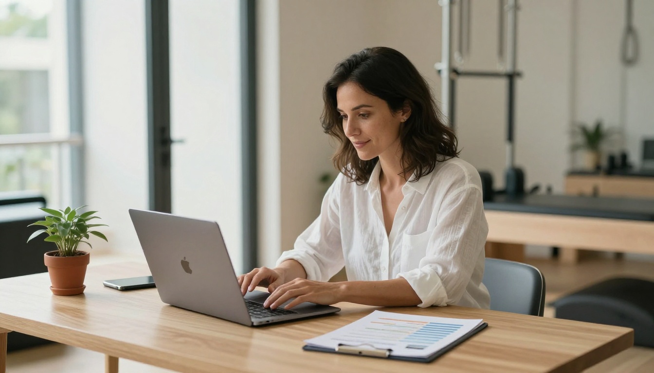Pilates studio owner reviewing flipbook analytics on a laptop in a bright office