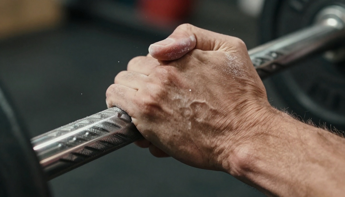Chalk-dusted hands gripping a CrossFit barbell with sharp knurling detail