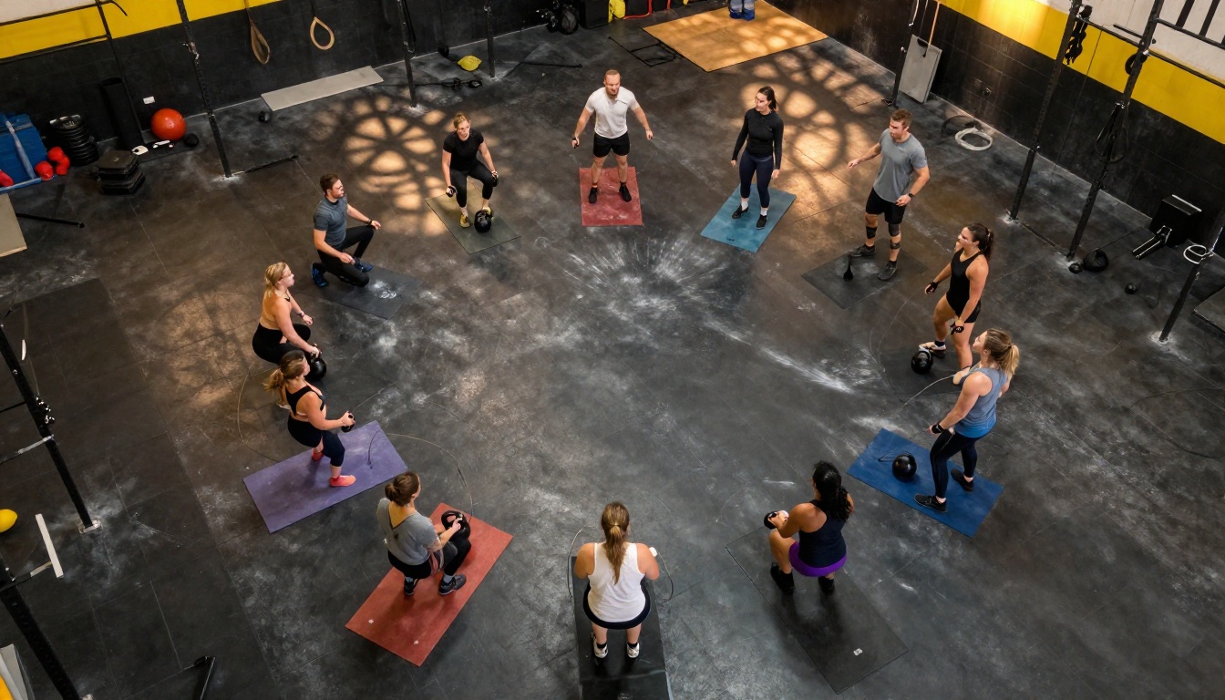 Aerial overhead view of twelve CrossFit athletes mid-WOD on a polished gym floor
