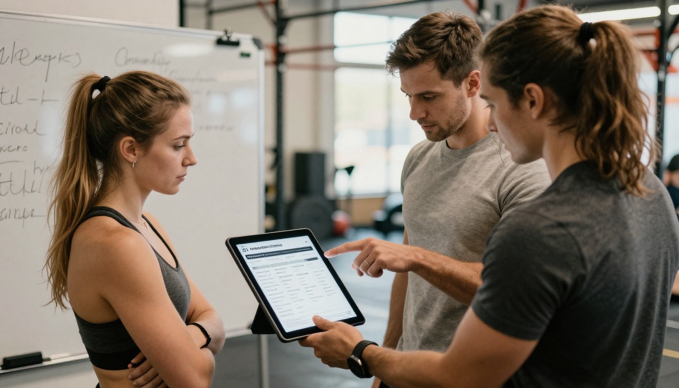 CrossFit coach reviewing a digital gym flipbook on a tablet with a female athlete