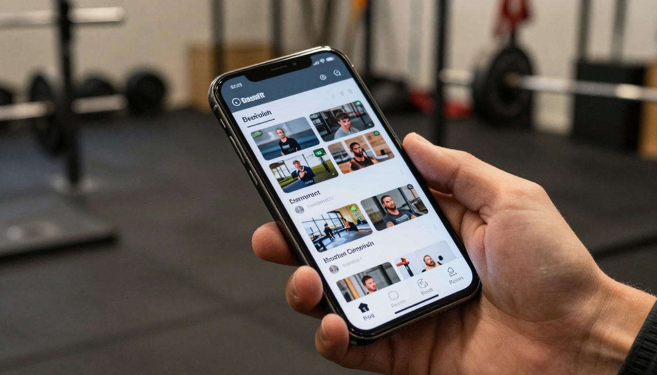 Chalked athletic hand holding a smartphone displaying a CrossFit gym membership flipbook