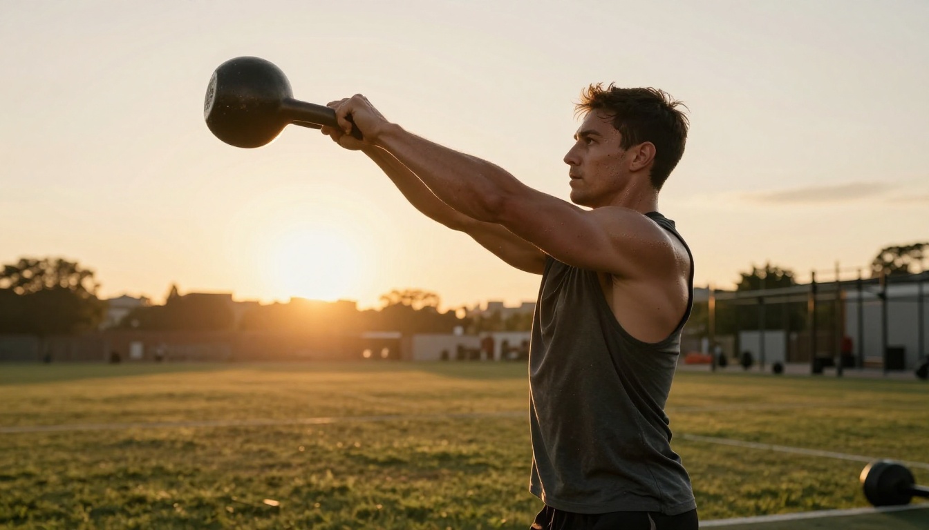 Male athlete performing a powerful kettlebell swing at sunrise with golden rim lighting