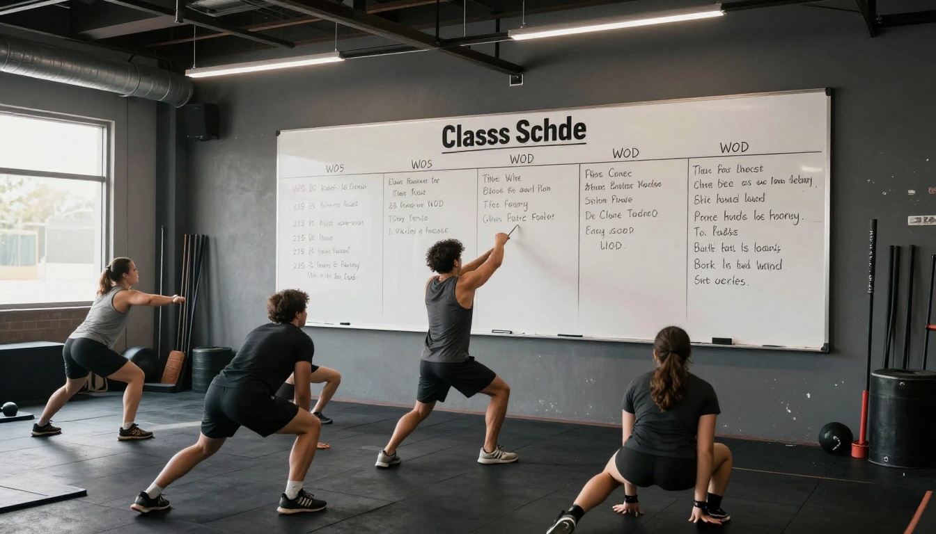 CrossFit gym whiteboard showing class schedule with athletes warming up in the foreground