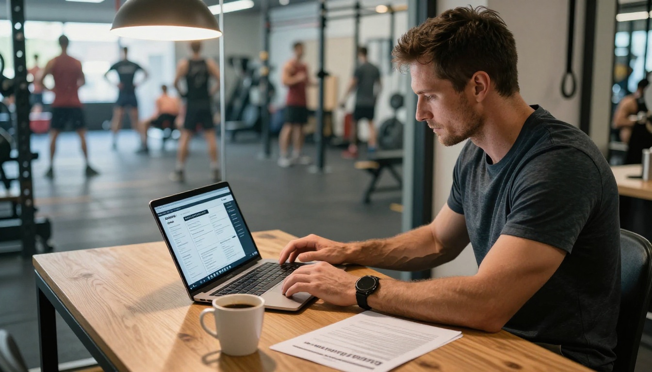 CrossFit gym owner reviewing a digital flipbook tool on a laptop in a glass-walled office