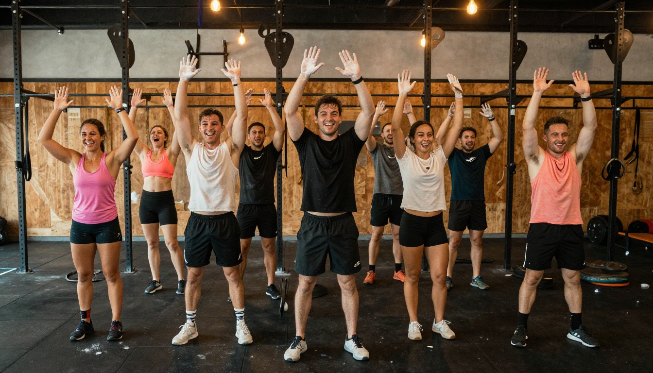 Diverse group of CrossFit athletes high-fiving and celebrating after completing a WOD