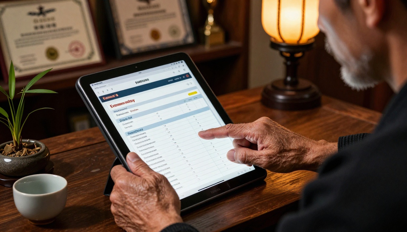 Sensei reviewing digital enrollment flipbook on tablet at the dojo desk