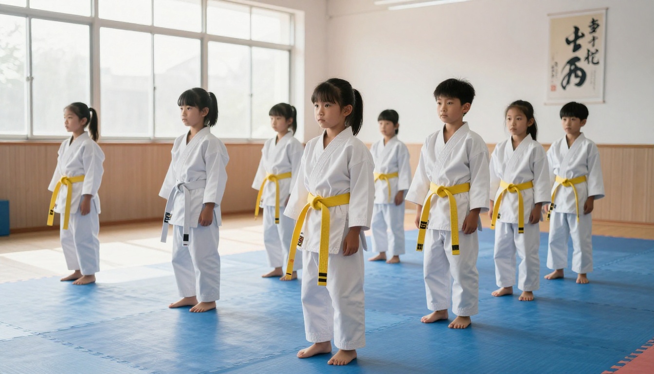 Young children in white karate uniforms bowing in perfect formation in a sunlit dojo