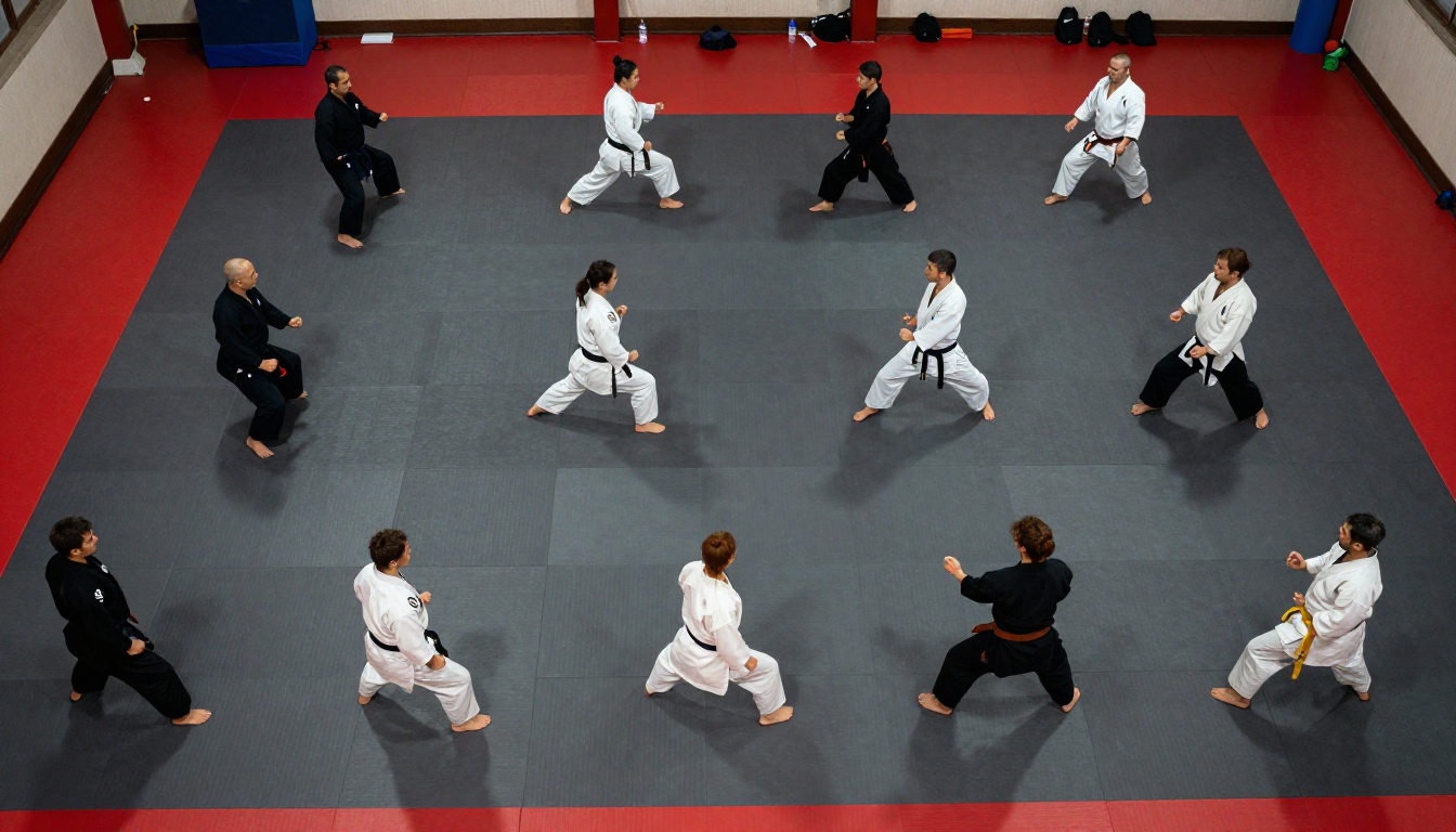 Aerial view of martial arts class in synchronized kata formation on dojo mat