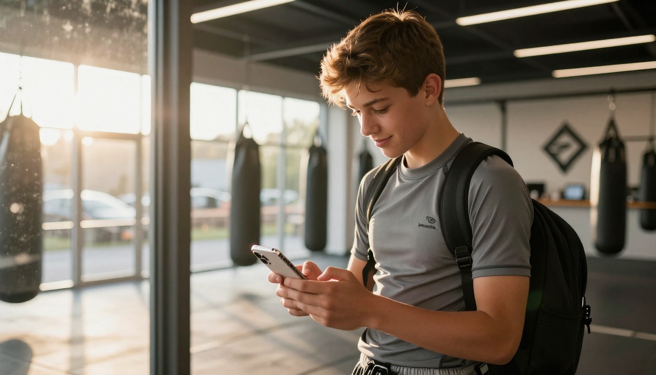 Teen athlete filling out digital enrollment form on smartphone at gym entrance