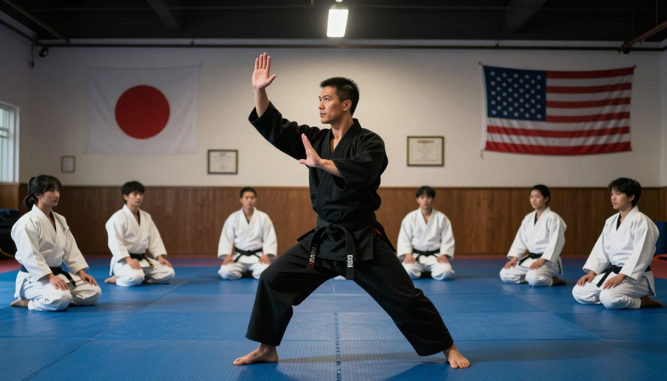 Martial arts instructor in authoritative low-angle teaching pose with students seated behind Martial arts instructor in authoritative low-angle teaching pose with students seated behind