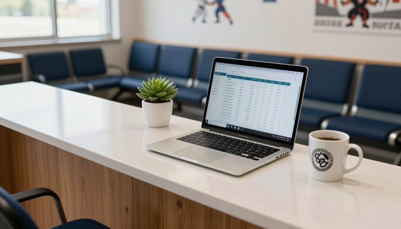 Professional martial arts school front desk with enrollment analytics dashboard on laptop Professional martial arts school front desk with enrollment analytics dashboard on laptop