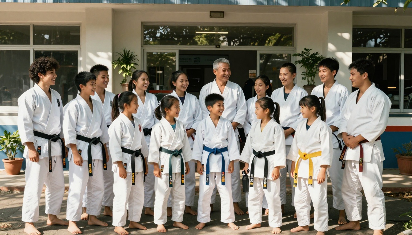 Happy group of martial arts students of all ages smiling outside the dojo after class Happy group of martial arts students of all ages smiling outside the dojo after class