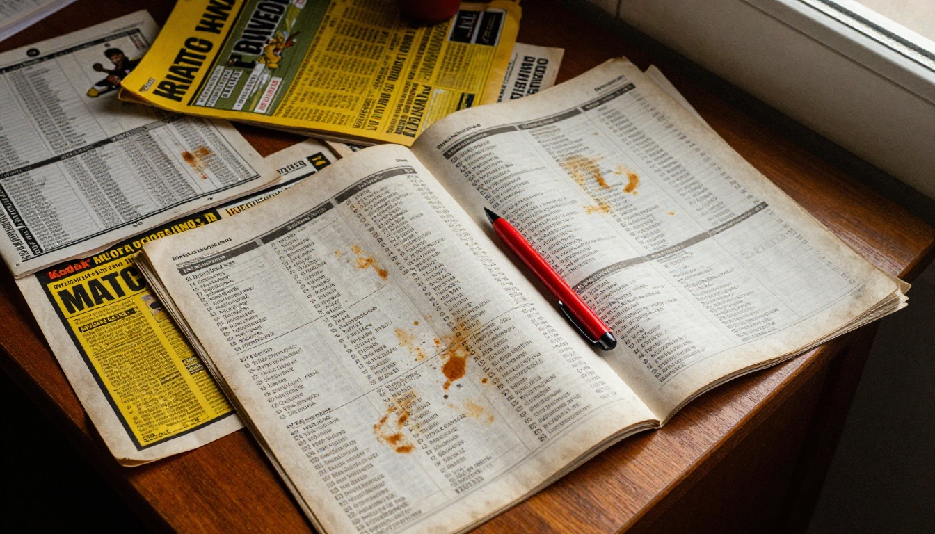 Pile of worn printed match day programs on a wooden desk