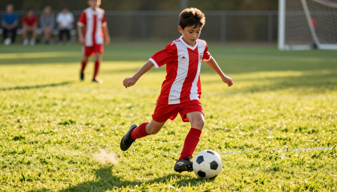 Youth footballer dribbling on a grass pitch at golden hour