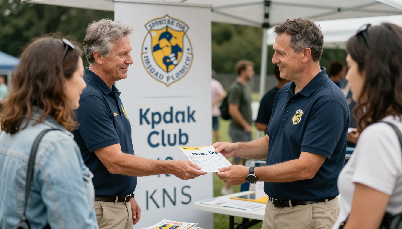 Sports club volunteer handing a brochure at a community event Sports club volunteer handing a brochure at a community event