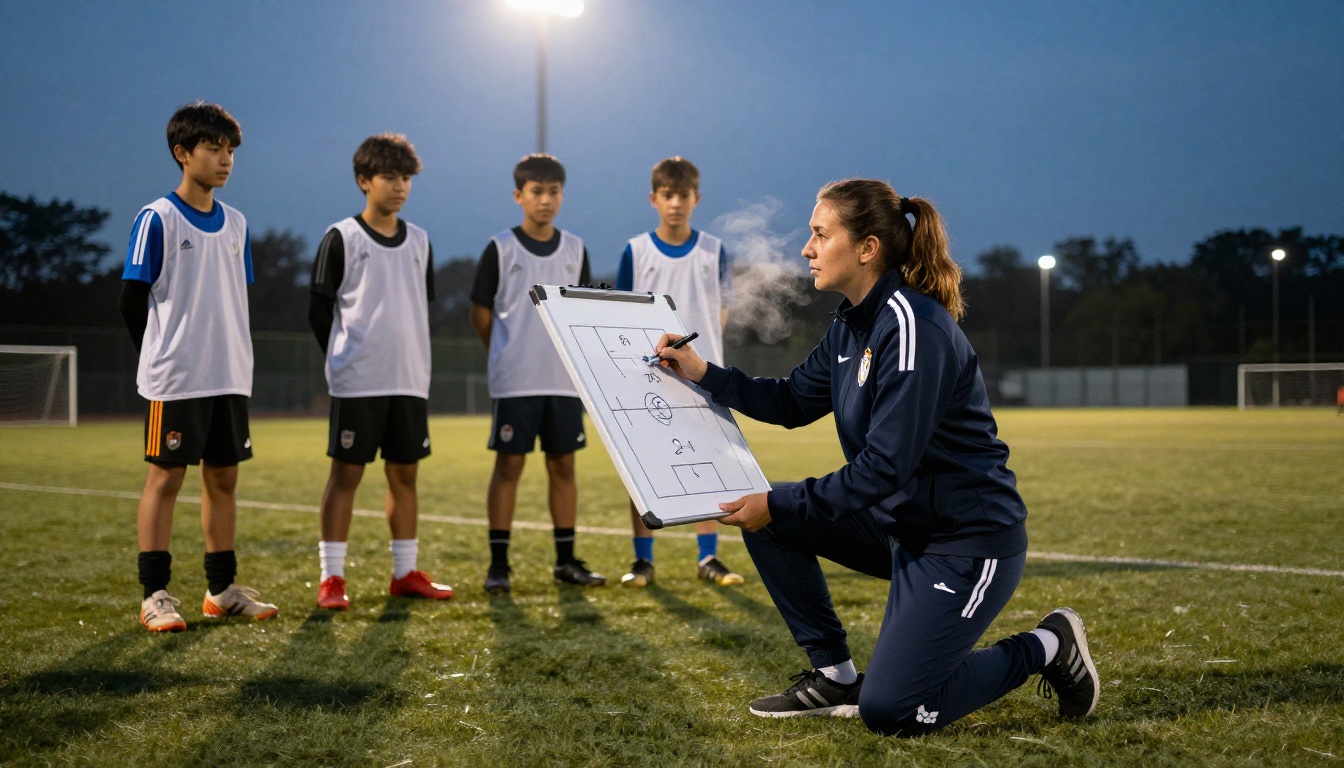 Female football coach with whiteboard talking to young players at dusk Female football coach with whiteboard talking to young players at dusk