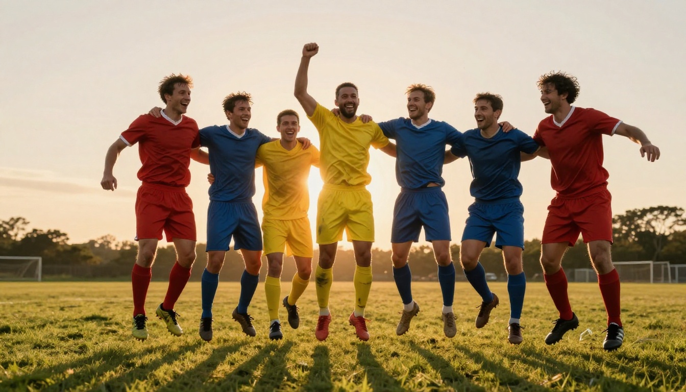 Amateur football team celebrating a goal at golden hour Amateur football team celebrating a goal at golden hour