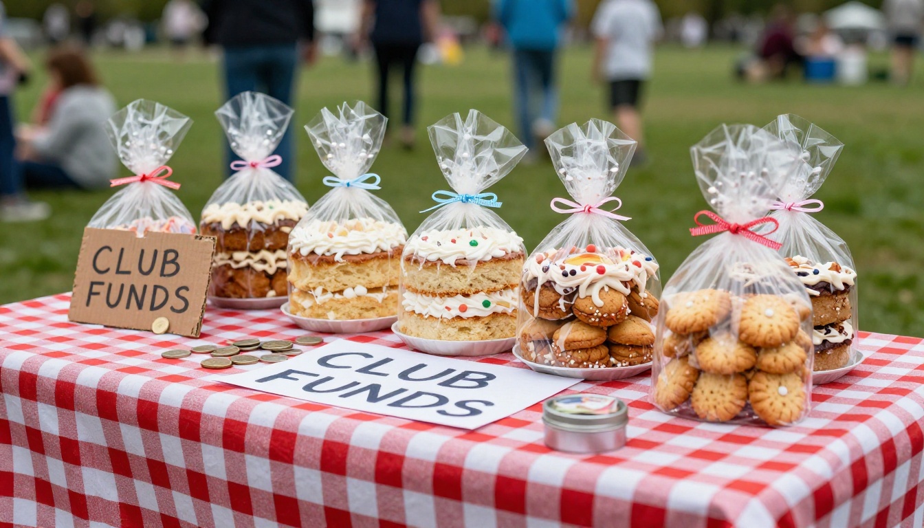 Sports club fundraising bake sale table with homemade cakes and a donation tin Sports club fundraising bake sale table with homemade cakes and a donation tin